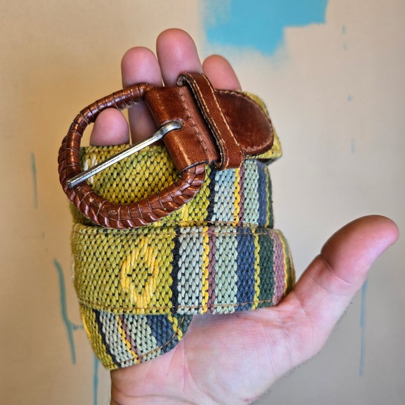 Woven Multicolor Cotton Belt Brown Leather Braided Buckle 36" Medium Made India - Picture 1 of 7